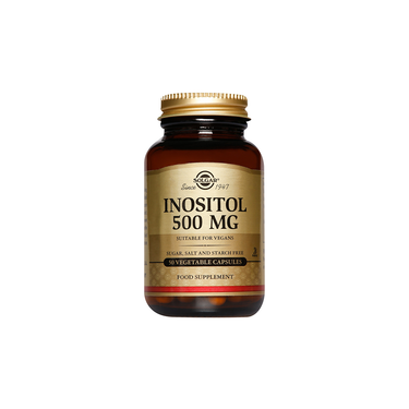 Solgar Inositol 500 mg, 50 Vegetable Capsules, comes in a brown bottle, is vegan-friendly, free from sugar, salt, and starch, and is often chosen to support people with PCOS.
